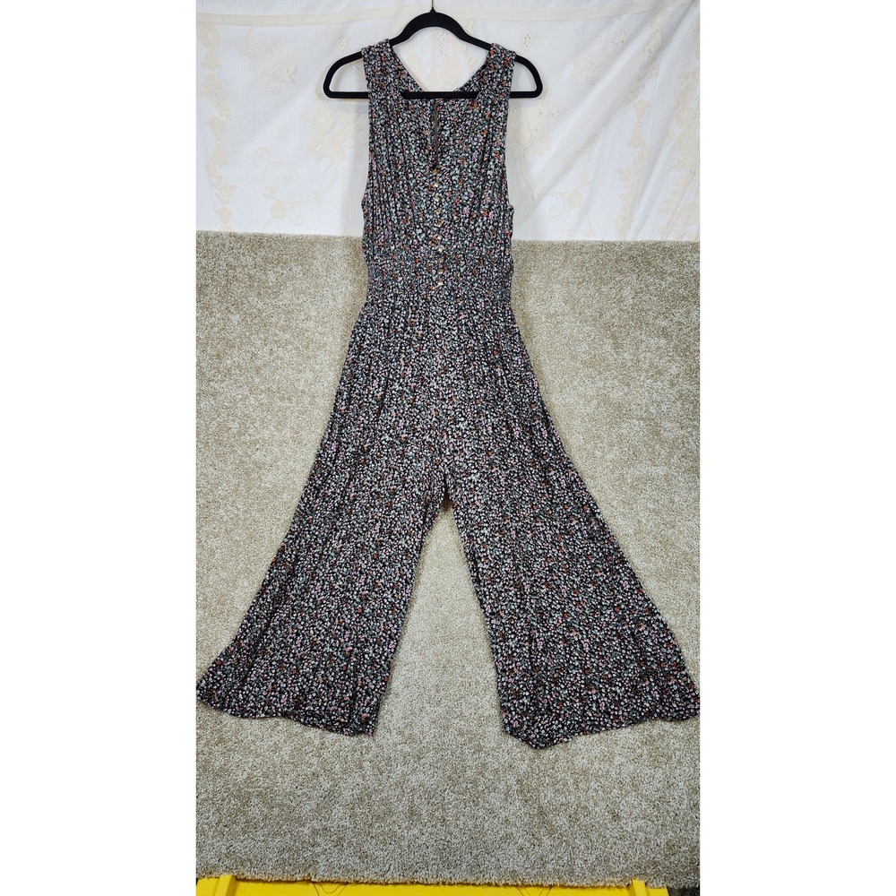 Black Tape Jumpsuit Floral Rayon Smocked Wide Leg Boho Black Size XL